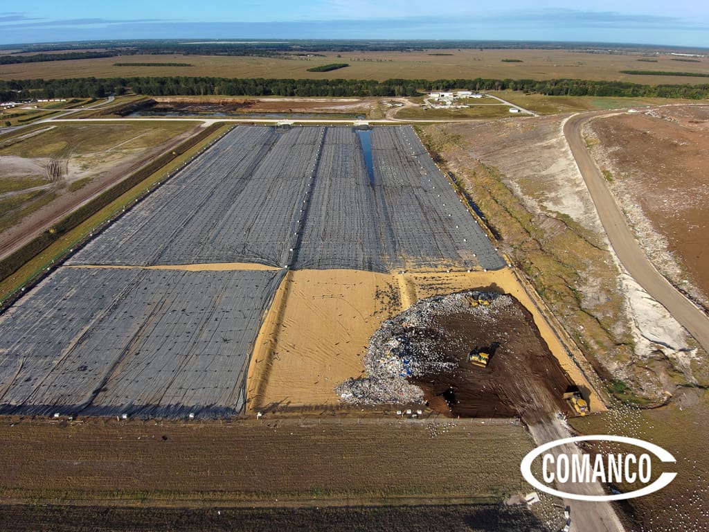 COMANCO crews completing landfill liner installation for the Highlands County Landfill, showcasing a five-layer liner system designed to protect groundwater and support long-term municipal waste management.