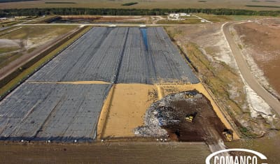 COMANCO crews completing landfill liner installation for the Highlands County Landfill, showcasing a five-layer liner system designed to protect groundwater and support long-term municipal waste management.